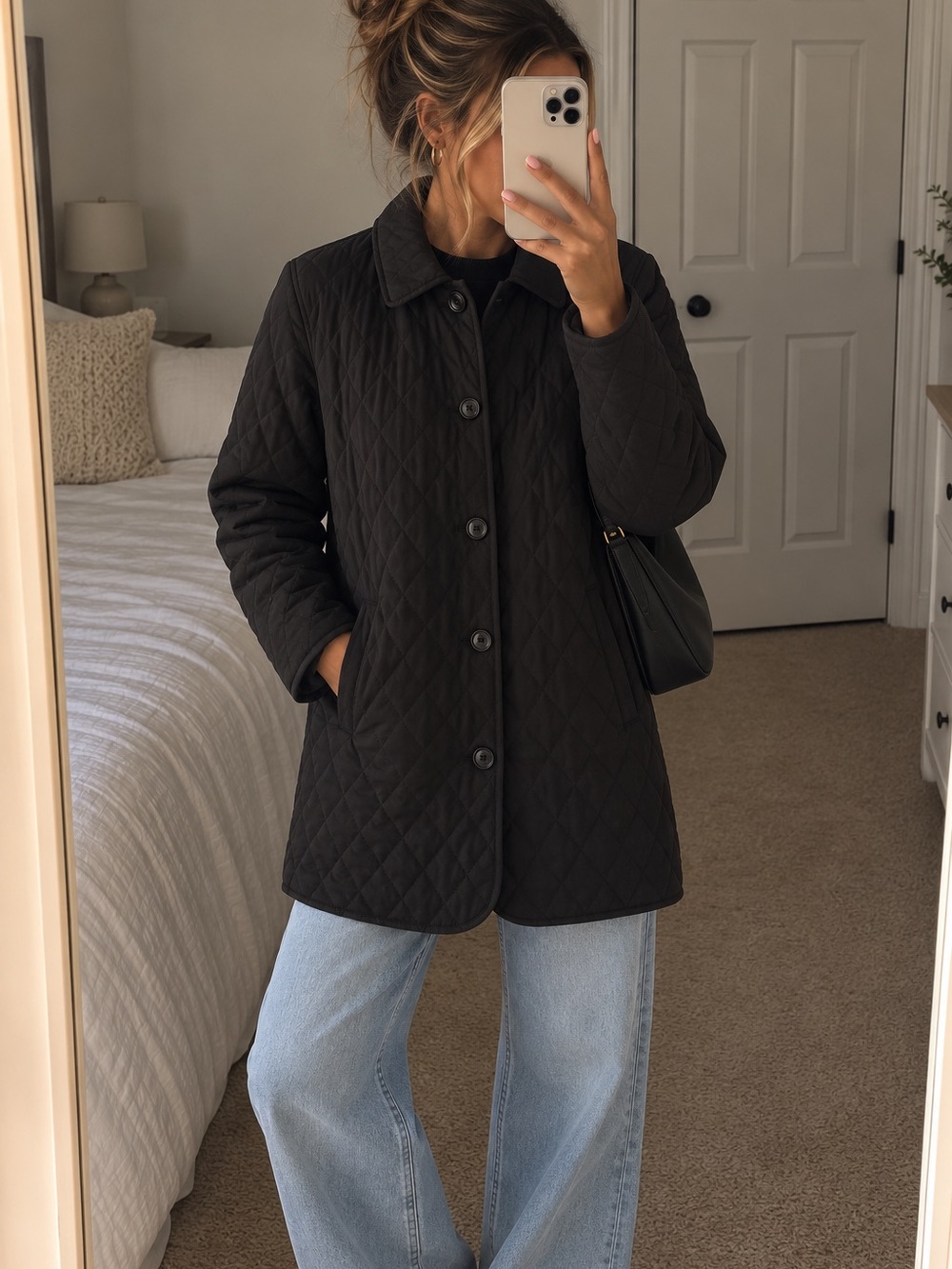 GAP Black Quilted Button-Front barn jacket diamond stitch